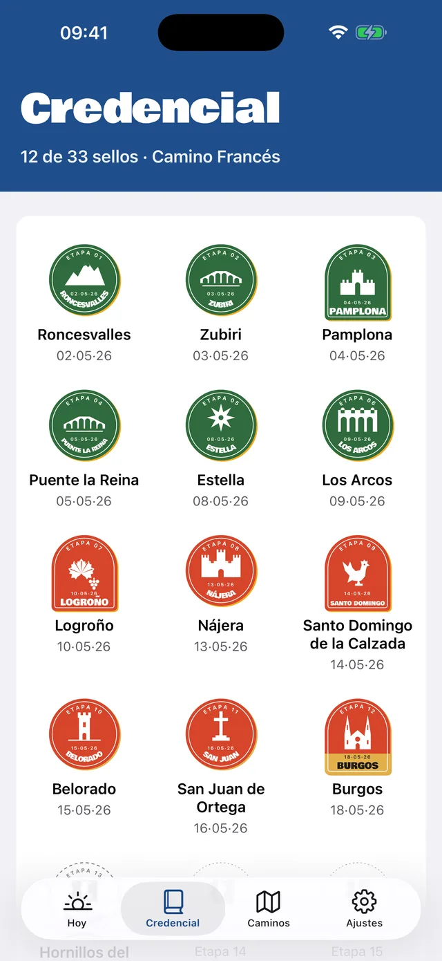 La credencial con doce sellos de Roncesvalles a Burgos.
