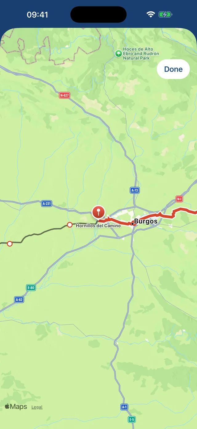 The route map near Burgos with the walked part in colour and the pilgrim's position in red.